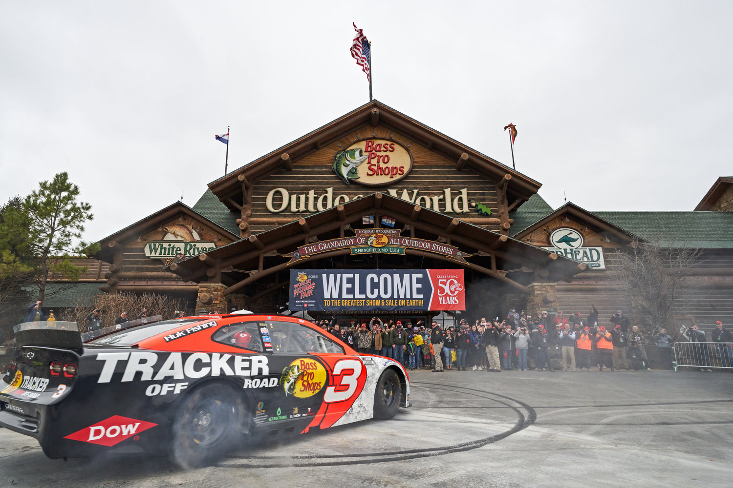 NACAR driver Auston Dillon, in his No. 3 vehicle sponsored by Bass Pro Shops, surprises the crowd at the World’s Fishing Fair by performing burnouts and doughnuts Thursday morning.